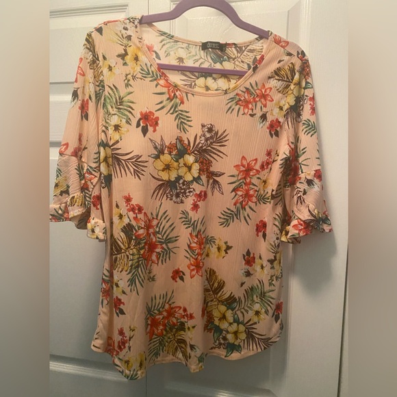 CURE Tops - Light Pink Hawaiian Blouse by CURE with Yellow, Red, Orange Flowers Large